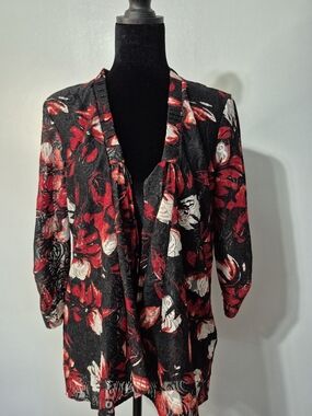Perceptions Black Red Floral Lightweight Open Front Shrug 12